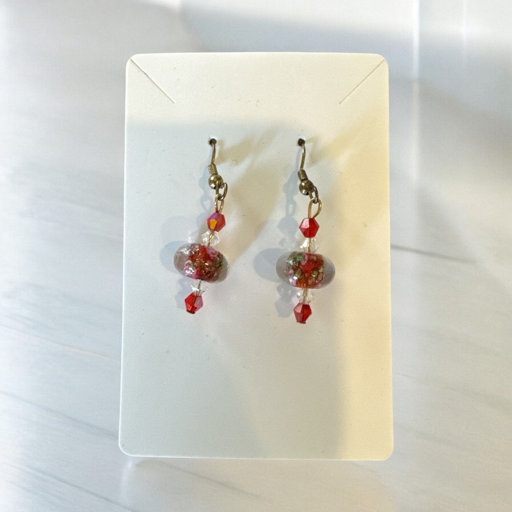 ⭐️Red Rose with pink flowers Lampwork Glass Copper Flecks Wire hooks